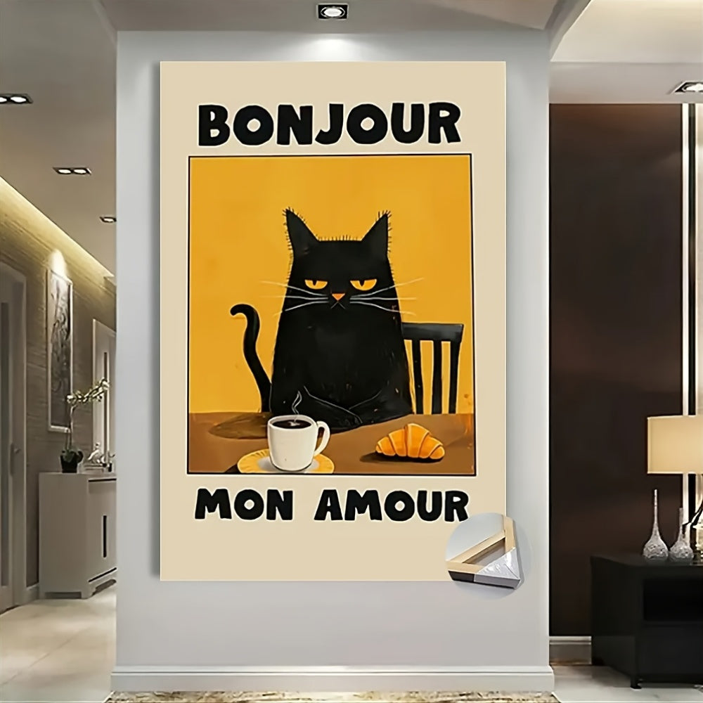 1pc Black Cat French themed postar Vintage Wall Art Aesthetic Room Decoration 2D Canvas Print for Home Bedroom Living Room Wall Decor