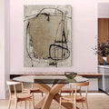 1pc, Modern Abstract Wrapped Canvas Painting - Neutral tones with thick black lines and beige textured surface, Easy to install