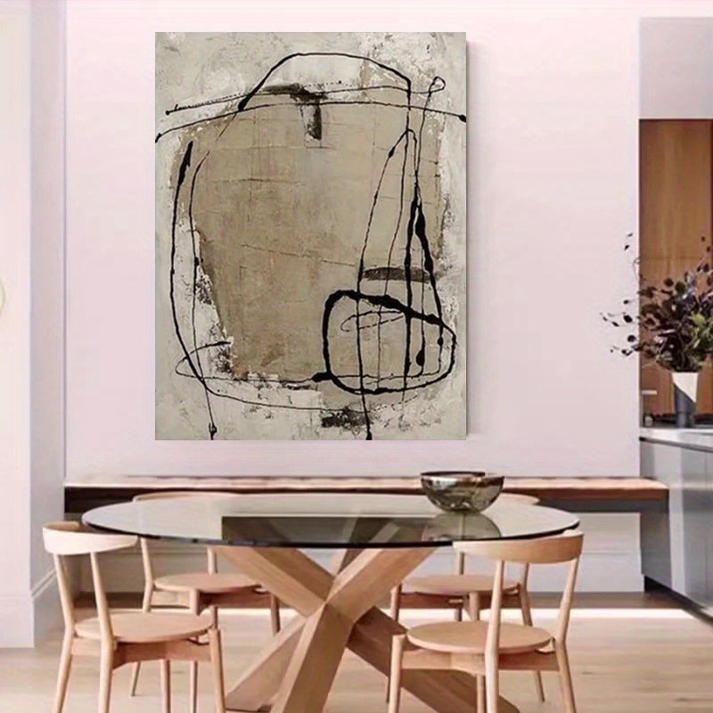 1pc, Modern Abstract Wrapped Canvas Painting - Neutral tones with thick black lines and beige textured surface, Easy to install