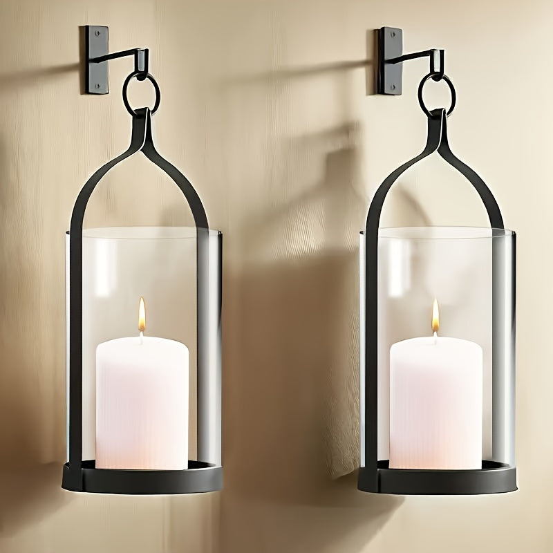 2pcs Iron Art Wall Hanging Candle Holder - Transparent Glass Cover - For Indoor & Outdoor Use - Suitable for Home, Corridor