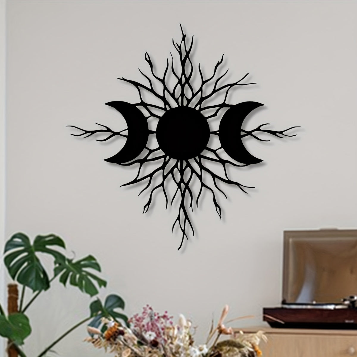 1pc Dark Triple Moon Metal Wall Art - Mystical Celestial Tree Design with Sun & Branches, Durable Indoor/Outdoor Wall Decor