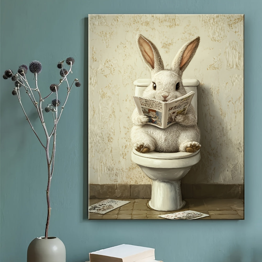 pc Wooden Framed Canvas Painting, Rabbit in The Toilet Reading Newspaper Painting, Wall Decoration Art, Suitable for Anniversary, Home And Living Room Decoration Painting