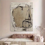 1pc, Modern Abstract Wrapped Canvas Painting - Neutral tones with thick black lines and beige textured surface, Easy to install