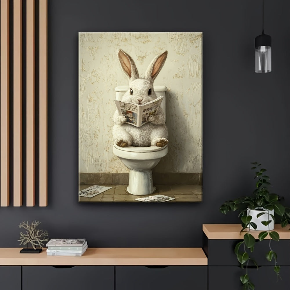 pc Wooden Framed Canvas Painting, Rabbit in The Toilet Reading Newspaper Painting, Wall Decoration Art, Suitable for Anniversary, Home And Living Room Decoration Painting