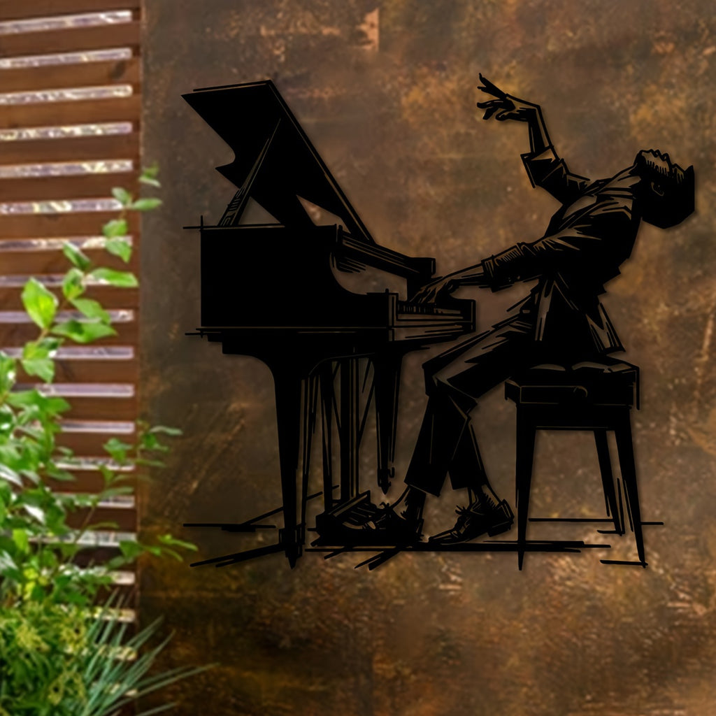 Pianist Metal Wall Art - 15.7"x15.2" Iron Silhouette Decor, Classic Indoor/Outdoor Musical Wall Sculpture for Patio, Balcony & Living Room