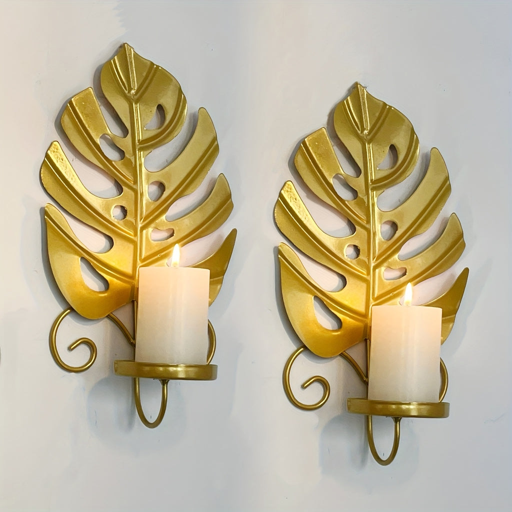 2pcs Golden Succulent Candle Holder, Retro Candle Holder, Plant Design, Wall Hanging, Suitable for Living Room, Patio, Bedroom, Stairs, Ideal for Christmas
