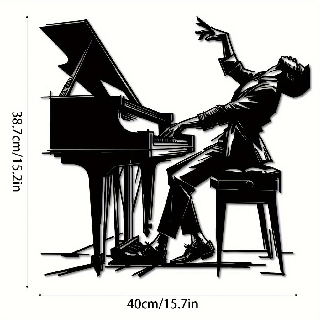 Pianist Metal Wall Art - 15.7"x15.2" Iron Silhouette Decor, Classic Indoor/Outdoor Musical Wall Sculpture for Patio, Balcony & Living Room