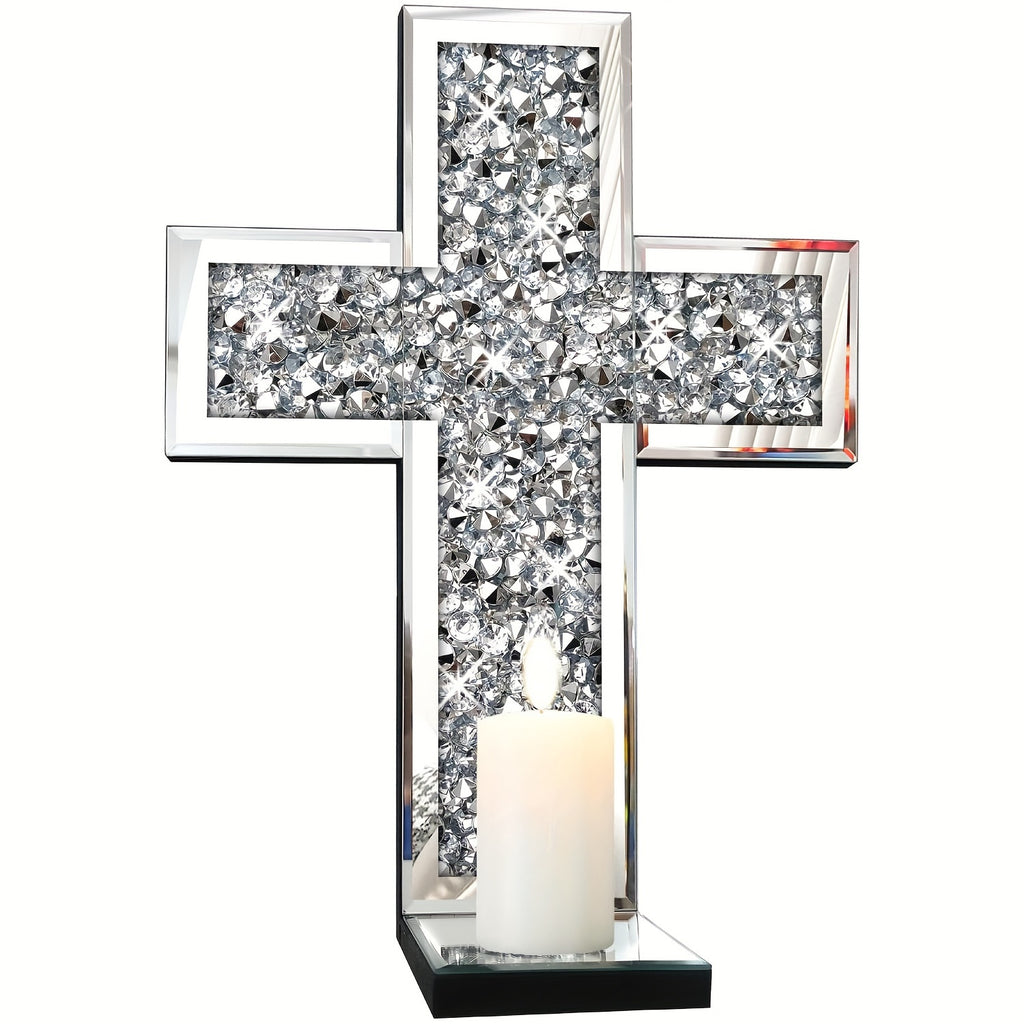 1pc Mirror Glass Cross Wall Art with Sparkling Crystal Accents - Elegant Holiday Home Decor for Christmas