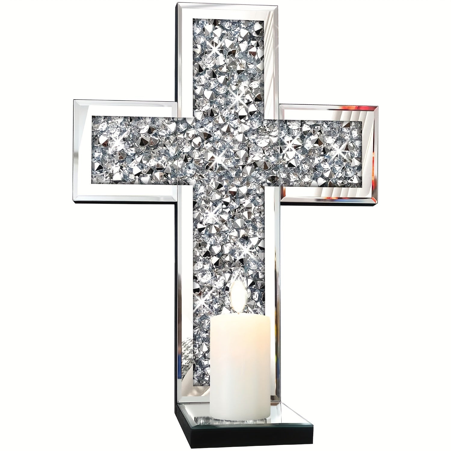 1pc Mirror Glass Cross Wall Art with Sparkling Crystal Accents - Elegant Holiday Home Decor for Christmas