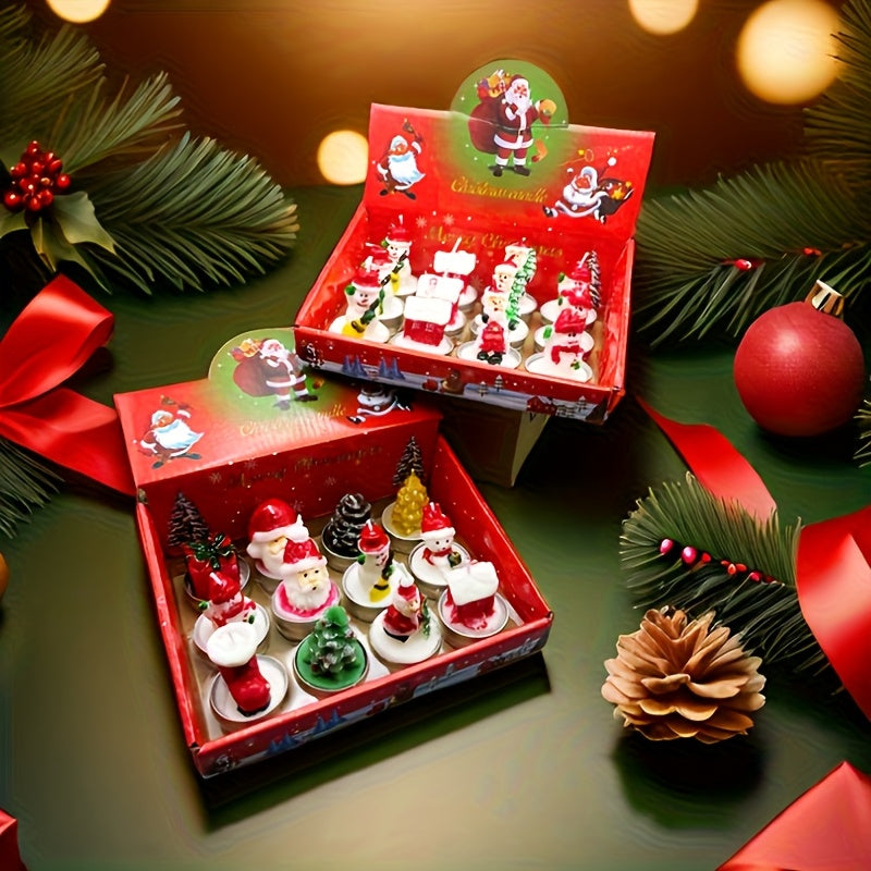 12pcs Christmas Gift Combination Set Candles, Christmas Patterns, Party Birthday Decorations, Santa Claus, Christmas Tree, Shoes, Gifts, Carnival Romantic Ornaments