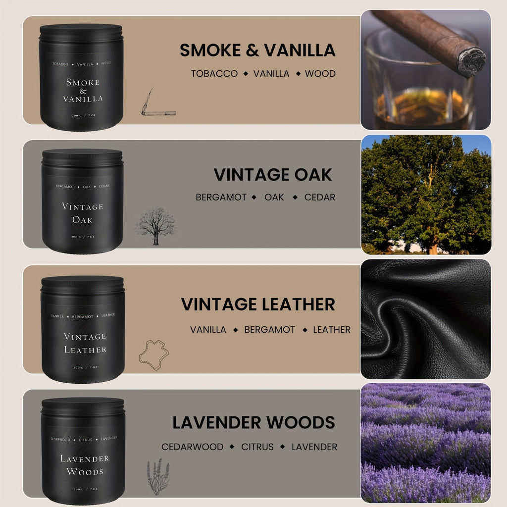 4 Pack Scented Candles Set | Men Candle Set, Scented Candles for Home, Gifts for Men Gift Set - Manly Gifts Soy Candle Of Faux Leather/Smoke & Vanilla/Oak/Lavender