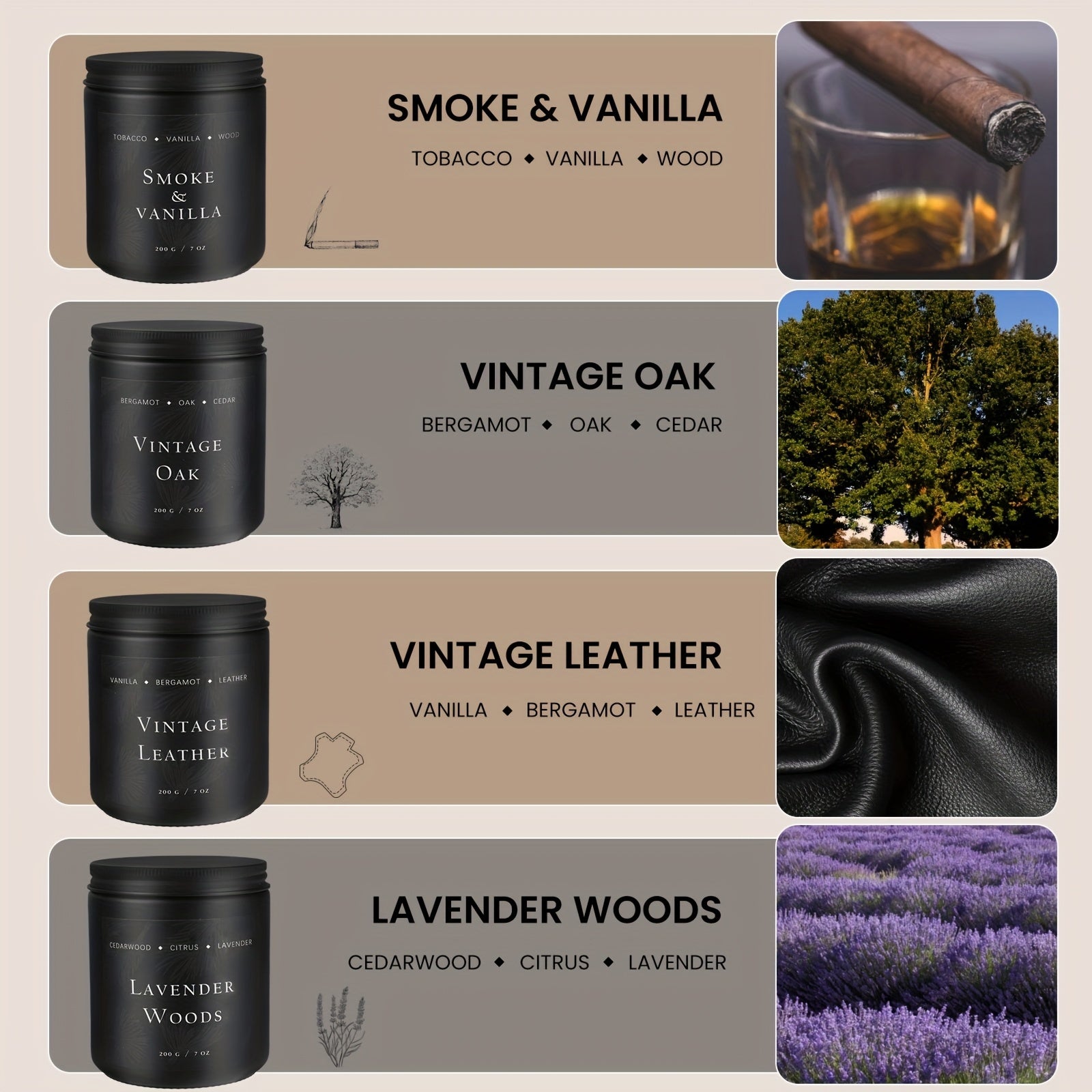 4 Pack Scented Candles Set | Men Candle Set, Scented Candles for Home, Gifts for Men Gift Set - Manly Gifts Soy Candle Of Faux Leather/Smoke & Vanilla/Oak/Lavender