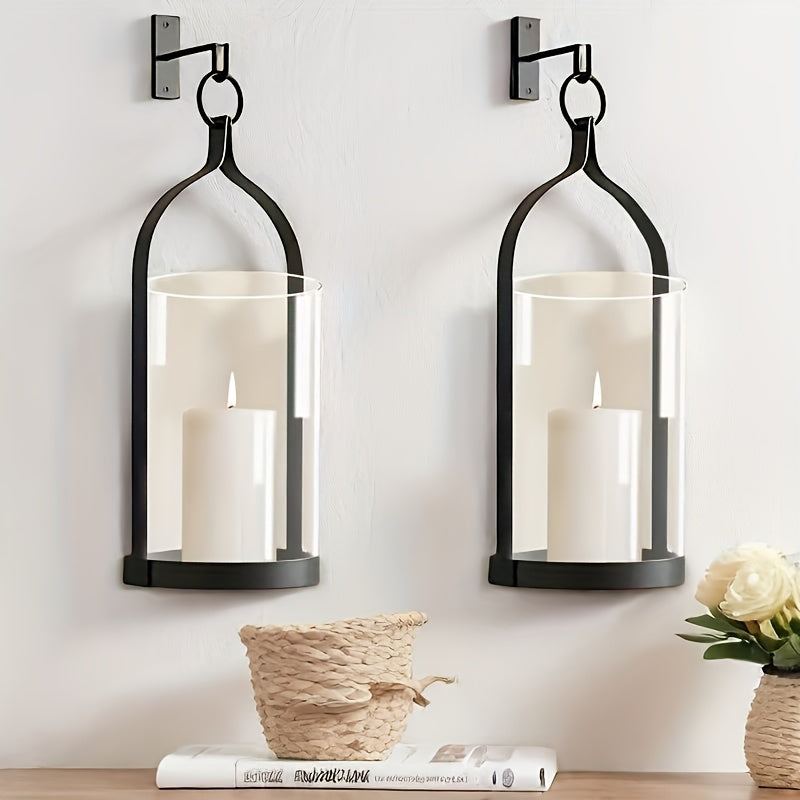 2pcs Iron Art Wall Hanging Candle Holder - Transparent Glass Cover - For Indoor & Outdoor Use - Suitable for Home, Corridor