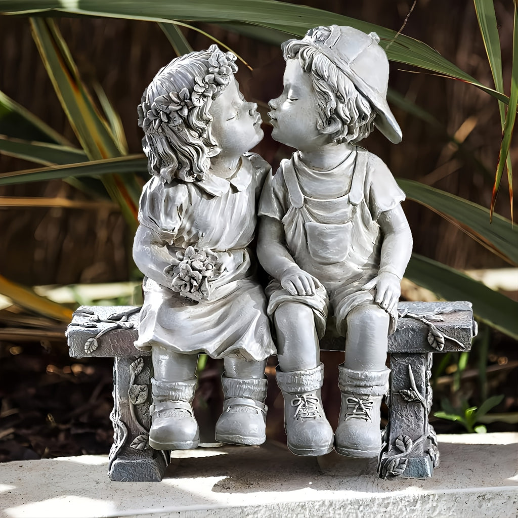 Charming Resin Statue of a Boy and Girl on Bench - Ideal Valentine's Day Gift, Romantic Garden & Home Decor Ornament, Versatile Indoor/Outdoor Use, No Power Needed