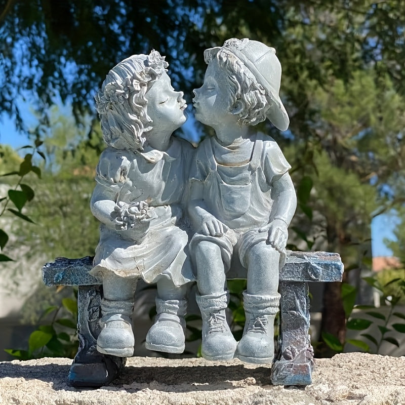 Charming Resin Statue of a Boy and Girl on Bench - Ideal Valentine's Day Gift, Romantic Garden & Home Decor Ornament, Versatile Indoor/Outdoor Use, No Power Needed