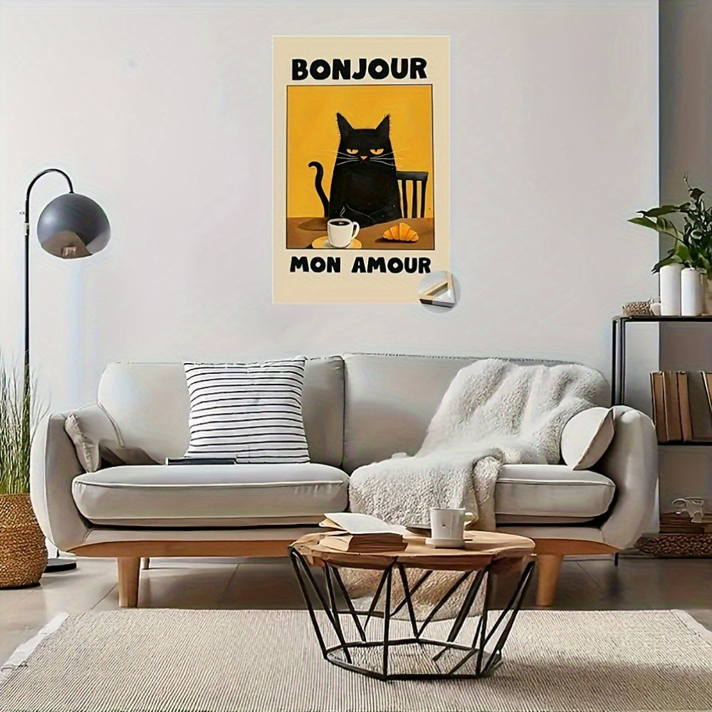 1pc Black Cat French themed postar Vintage Wall Art Aesthetic Room Decoration 2D Canvas Print for Home Bedroom Living Room Wall Decor