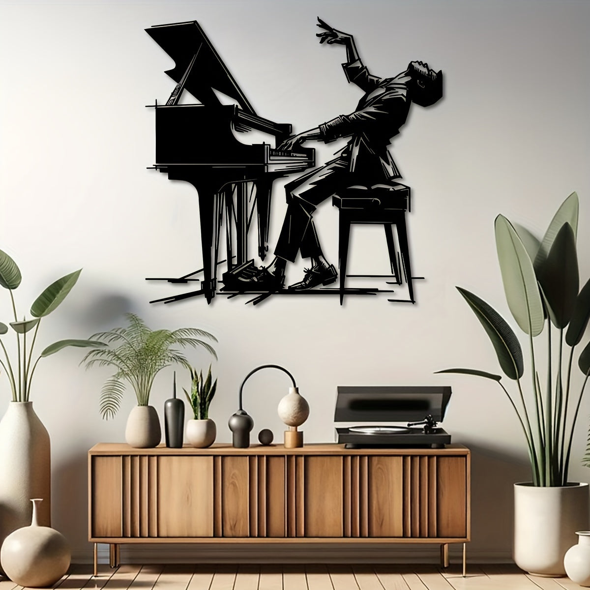 Pianist Metal Wall Art - 15.7"x15.2" Iron Silhouette Decor, Classic Indoor/Outdoor Musical Wall Sculpture for Patio, Balcony & Living Room