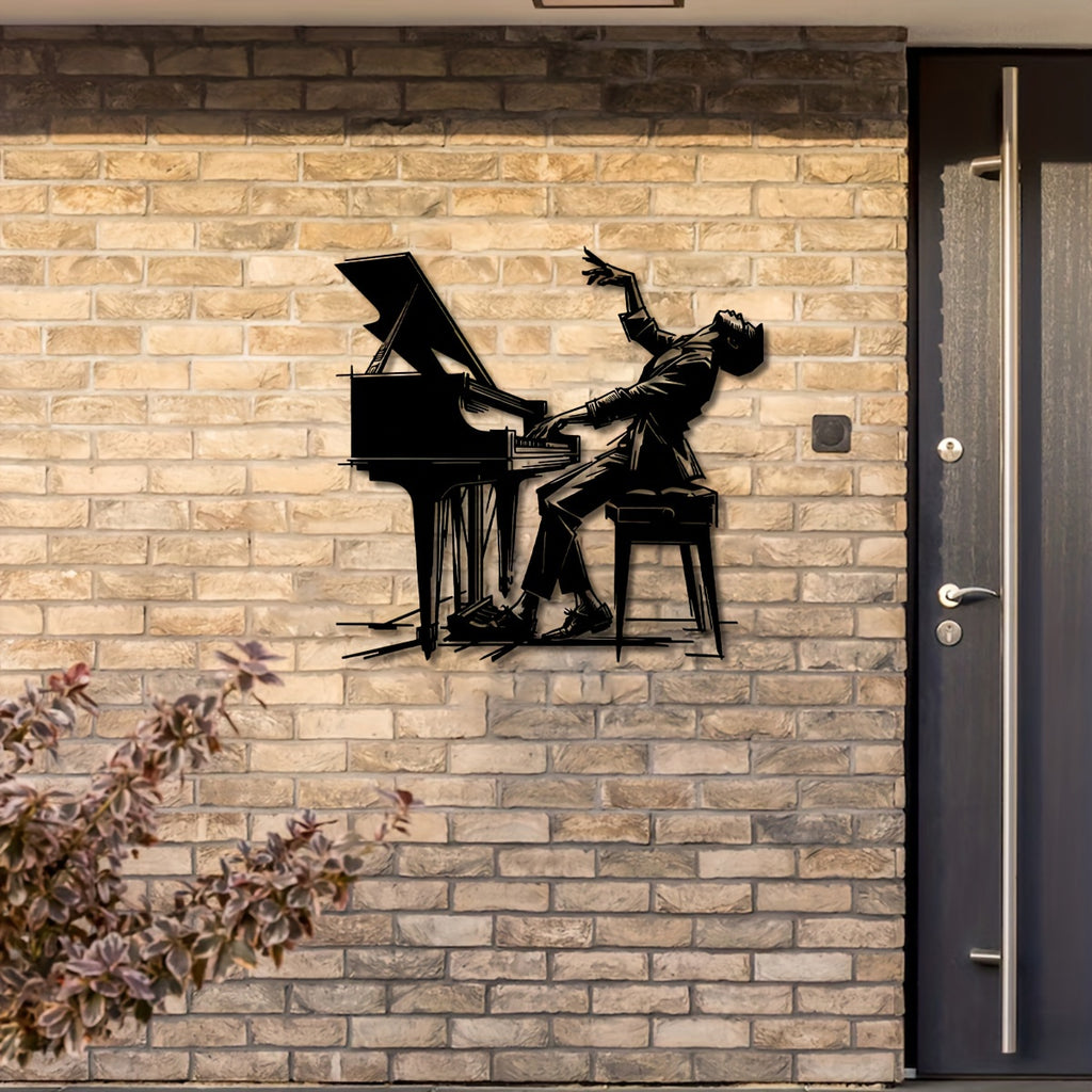 Pianist Metal Wall Art - 15.7"x15.2" Iron Silhouette Decor, Classic Indoor/Outdoor Musical Wall Sculpture for Patio, Balcony & Living Room