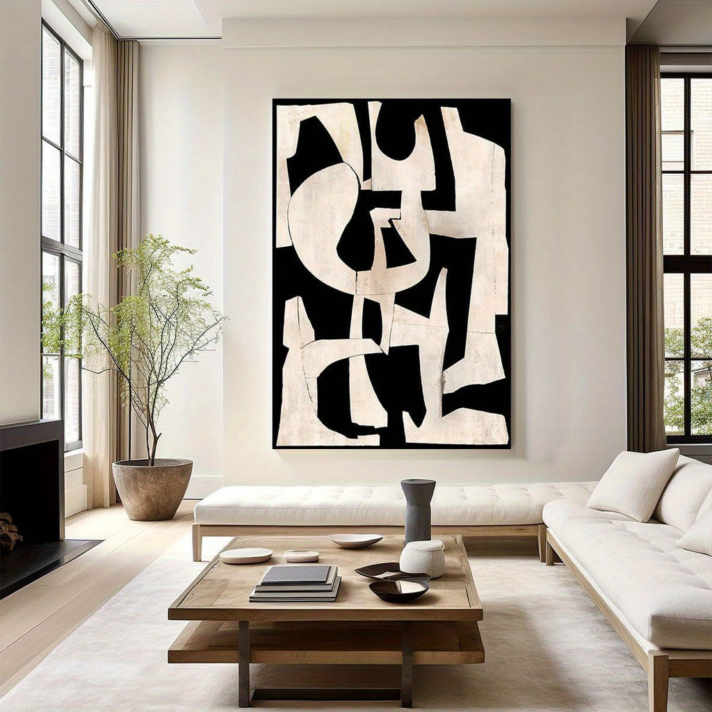1pc Abstract Black and White Wooden Framed Canvas Wall Art - 0.89inch Thick Frame, Premium Canvas & Solid Wood