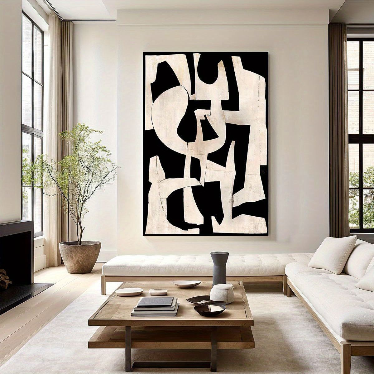 1pc Abstract Black and White Wooden Framed Canvas Wall Art - 0.89inch Thick Frame, Premium Canvas & Solid Wood