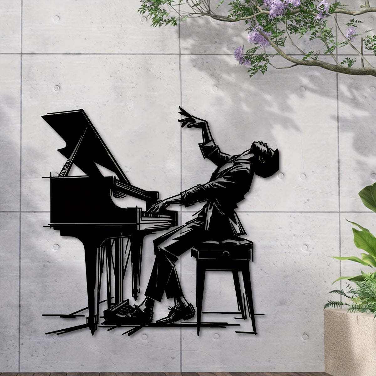 Pianist Metal Wall Art - 15.7"x15.2" Iron Silhouette Decor, Classic Indoor/Outdoor Musical Wall Sculpture for Patio, Balcony & Living Room