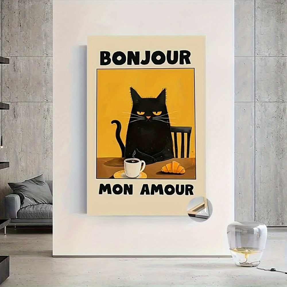 1pc Black Cat French themed postar Vintage Wall Art Aesthetic Room Decoration 2D Canvas Print for Home Bedroom Living Room Wall Decor