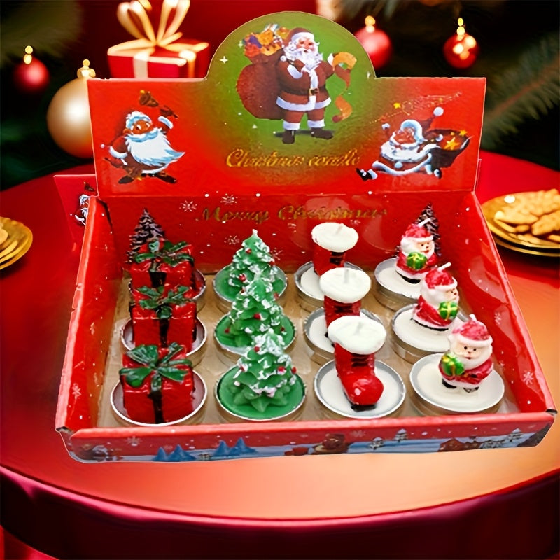 12pcs Christmas Gift Combination Set Candles, Christmas Patterns, Party Birthday Decorations, Santa Claus, Christmas Tree, Shoes, Gifts, Carnival Romantic Ornaments