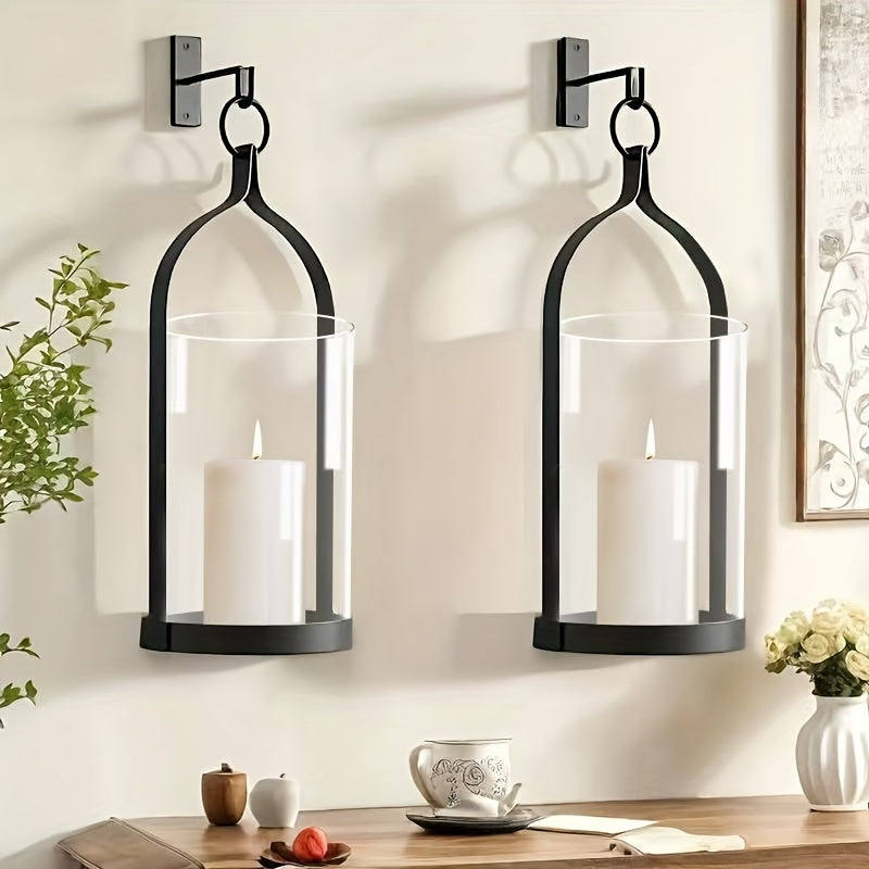 2pcs Iron Art Wall Hanging Candle Holder - Transparent Glass Cover - For Indoor & Outdoor Use - Suitable for Home, Corridor
