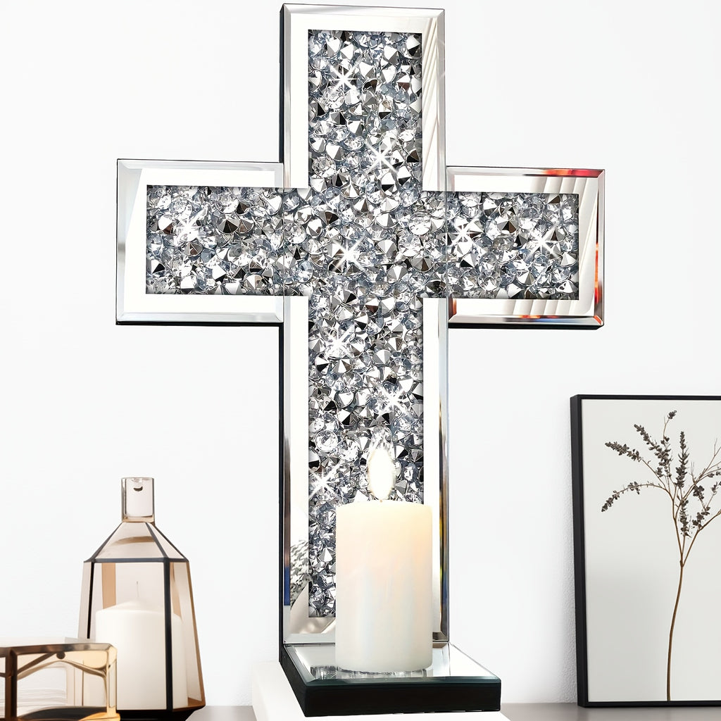 1pc Mirror Glass Cross Wall Art with Sparkling Crystal Accents - Elegant Holiday Home Decor for Christmas