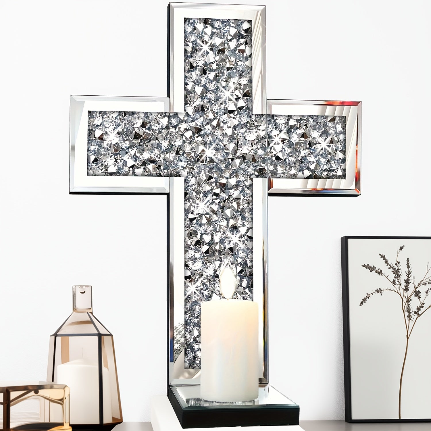 1pc Mirror Glass Cross Wall Art with Sparkling Crystal Accents - Elegant Holiday Home Decor for Christmas