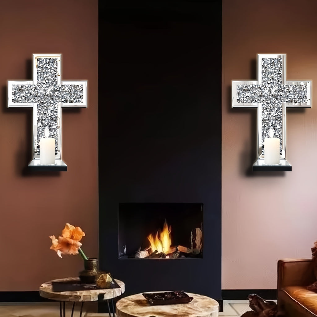 1pc Mirror Glass Cross Wall Art with Sparkling Crystal Accents - Elegant Holiday Home Decor for Christmas