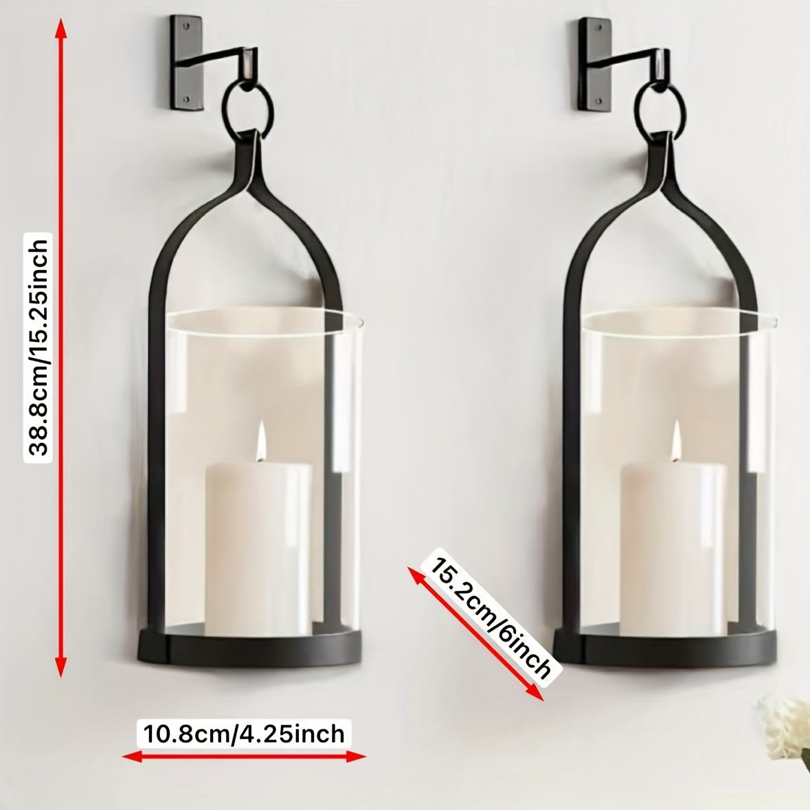 2pcs Iron Art Wall Hanging Candle Holder - Transparent Glass Cover - For Indoor & Outdoor Use - Suitable for Home, Corridor
