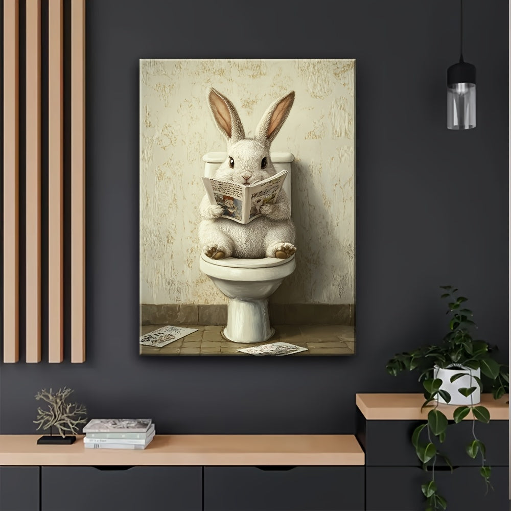 pc Wooden Framed Canvas Painting, Rabbit in The Toilet Reading Newspaper Painting, Wall Decoration Art, Suitable for Anniversary, Home And Living Room Decoration Painting