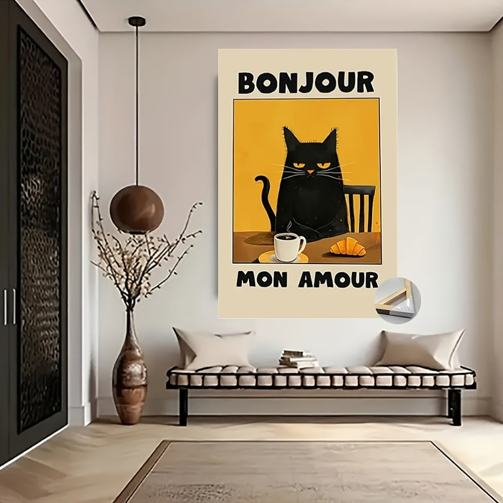 1pc Black Cat French themed postar Vintage Wall Art Aesthetic Room Decoration 2D Canvas Print for Home Bedroom Living Room Wall Decor